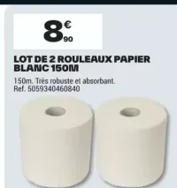 LOT DE 2 ROULEAUX PAPIER BLANC 150M