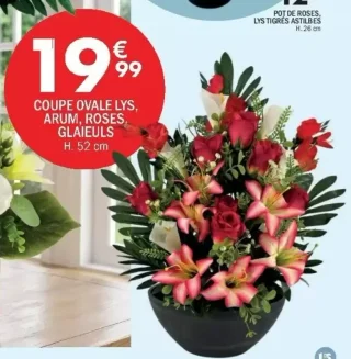 Coupe ovale lys, arum, roses, glaïeuls H. 52 cm