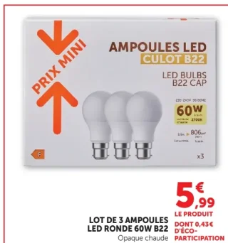 Lot de 3 ampoules LED ronde 60W B22