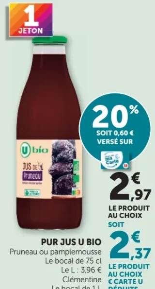 Pur Jus U Bio Pruneau ou pamplemousse