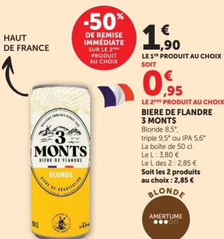 BIERE DE FLANDRE 3 MONTS Blonde 8,5°, triple 9,5° ou IPA 5,6° La boite de 50 cl