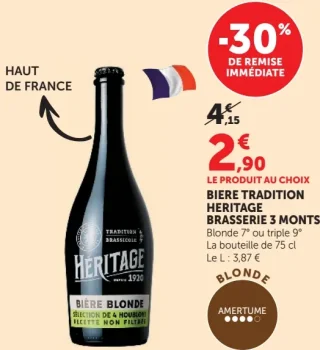 BIERE TRADITION HERITAGE BRASSERIE 3 MONTS Blonde 7° ou triple 9° La bouteille de 75 cl