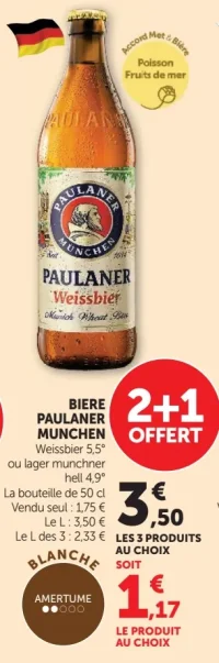 BIERE PAULANER MUNCHEN Weissbier 5,5° ou lager munchner hell 4,9°