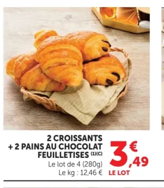 2 croissants + 2 pains au chocolat feuilletés