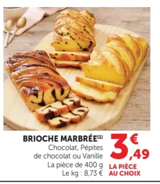 Brioche marbrée Chocolat, Pépites de chocolat ou Vanille
