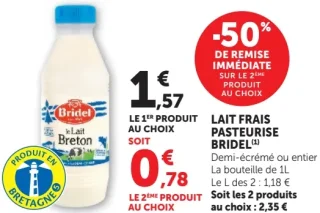 Lait Frais Pasteurisé Bridel Demi-écrémé ou entier