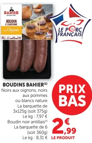 Boudins Bahier Noirs aux oignons, noirs aux pommes ou blancs nature