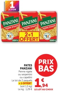 Pâtes Panzani Penne rigate ou serpentini ou capellini