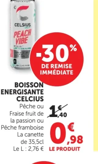 Boisson Énergisante Celcius Pêche ou Fraise fruit de la passion ou Pêche framboise