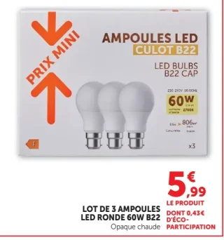 Lot de 3 ampoules LED ronde 60W B22 Prix Mini