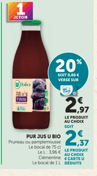 Pur Jus U Bio (Pruneau, pamplemousse ou clémentine)