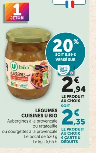 Légumes Cuisinés U Bio (Aubergines à la provençale, ratatouille ou courgettes à la provençale)