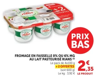Fromage en faisselle 0% ou 6% MG au lait pasteurisé Rians