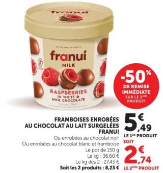 Framboises enrobées au chocolat au lait surgelées Franui
