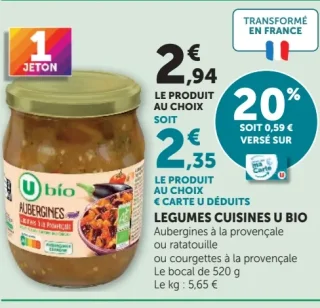 Légumes cuisinés U Bio (Aubergines à la provençale, ratatouille ou courgettes à la provençale)