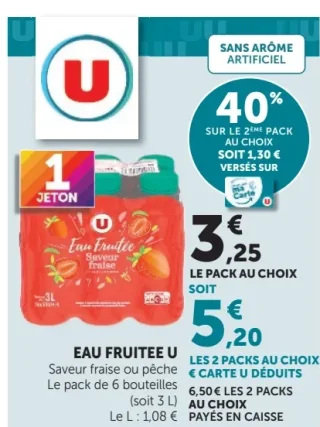 Eau Fruitée U Saveur fraise ou pêche