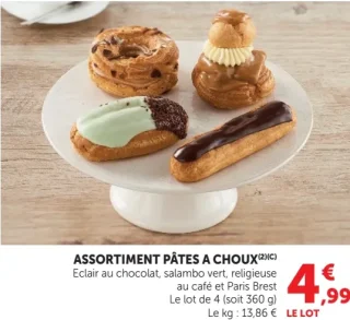 Assortiment pâtes à choux Eclair au chocolat, salambo vert, religieuse au café et Paris Brest
