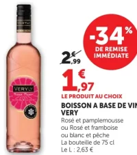 BOISSON A BASE DE VIN VERY (Rosé et pamplemousse ou Rosé et framboise ou blanc et pêche)