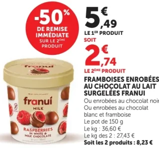 FRAMBOISES ENROBÉES AU CHOCOLAT AU LAIT SURGELÉES FRANUI
