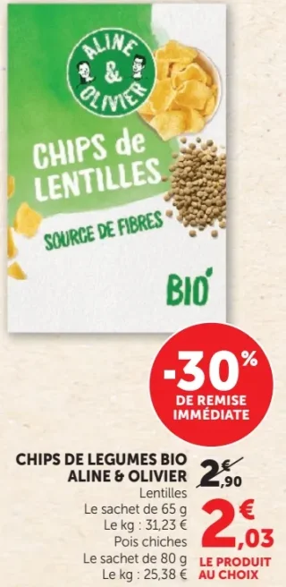 Chips de légumes bio Lentilles ou Pois chiches Aline & Olivier