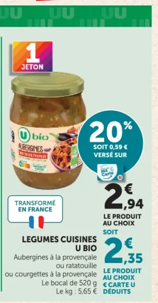 Légumes cuisinés Aubergines à la provençale, ratatouille ou courgettes à la provençale U Bio