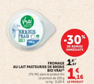 Fromage au lait pasteurisé de brebis bio Vrai