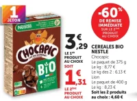 Céréales Bio Nestle Chocapic. -60% sur le deuxième produit au choix.