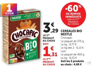 Céréales Bio Nestle Chocapic. -60% sur le deuxième produit au choix.