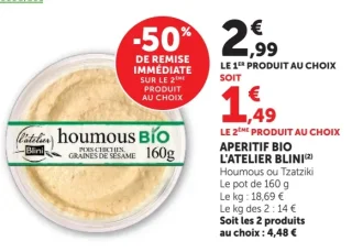 APERITIF BIO L'ATELIER BLINI (Houmous ou Tzatziki). -50% sur le deuxième produit au choix.
