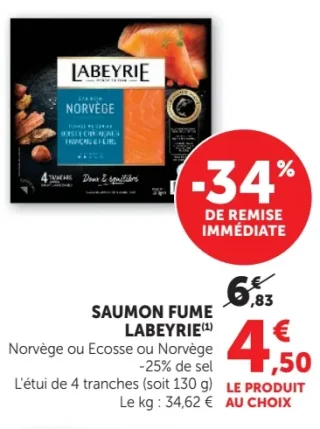 Saumon Fumé Labeyrie Norvège ou Ecosse ou Norvège -25% de sel