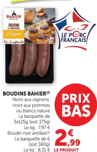 Boudins Bahier Noirs aux oignons, noirs aux pommes, blancs nature ou boudin noir antillais
