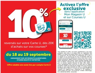 10% reversés sur votre Carte U dès 20€ d'achats sur vos courses