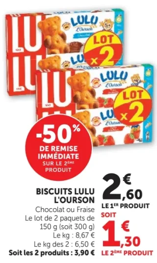 Biscuits Lulu L'Ourson Chocolat ou Fraise