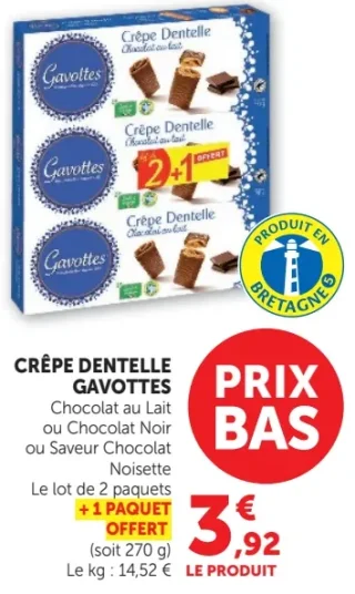 Crêpe Dentelle Gavottes Chocolat au Lait ou Chocolat Noir ou Saveur Chocolat Noisette