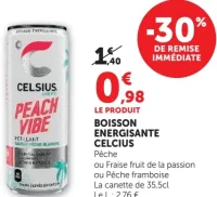 Boisson énergisante Celsius Pêche, Fraise fruit de la passion ou Pêche framboise
