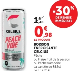 Boisson énergisante Celsius Pêche, Fraise fruit de la passion ou Pêche framboise
