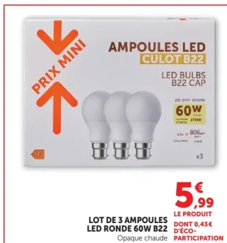 Lot de 3 ampoules LED ronde 60W B22 Prix Mini