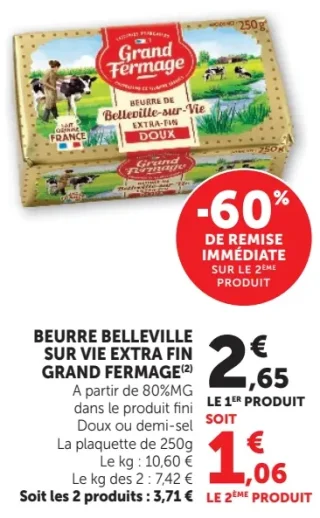 Beurre Belleville-sur-Vie Extra-Fin Doux ou Demi-Sel Grand Fermage