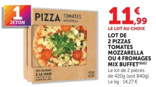 Lot de 2 pizzas tomates mozzarella ou 4 cheeses Mix Buffet
