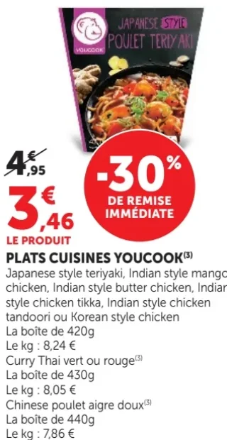 Plats Cuisines Youcook Japanese style teriyaki, Indian style mango chicken, Indian style butter chicken, Indian style chicken tikka, Indian style chicken tandoori ou Korean style chicken