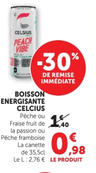 Boisson Energisante Celsius Pêche ou Fraise fruit de la passion ou Pêche framboise