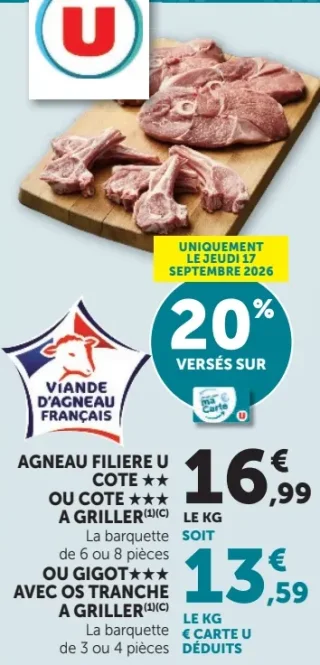 Agneau Filière U Côte ou Côte** à griller ou Gigot*** avec os tranche à griller