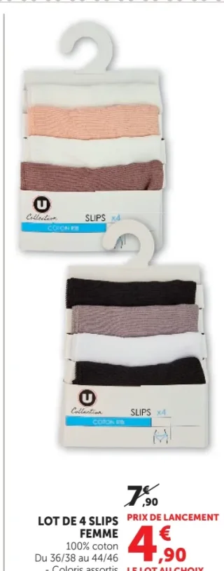 Lot de 4 slips femme U Collection 100% coton