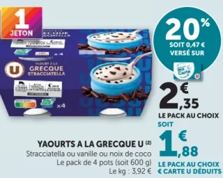 YAOURTS A LA GRECQUE U Stracciatella, vanille ou noix de coco