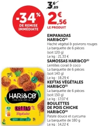 Plats préparés végétariens HARI&CO (Empanadas, Samossas, Keftas, Boulettes de pois chiche)