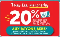 Tous les mercredis 20% reversés sur votre carte U dès 5€ d'achats aux rayons bébé