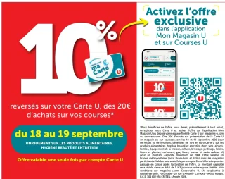 10% reversés sur votre Carte U sur les produits alimentaires, hygiène beauté et entretien