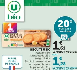Biscuits U Bio Palets bretons ou Biscuits à l'avoine nature ou pépites chocolat