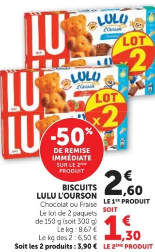 BISCUITS LULU L'OURSON Chocolat ou Fraise