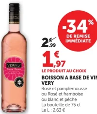 Boisson a base de vin Very Rosé et pamplemousse ou Rosé et framboise ou blanc et pêche